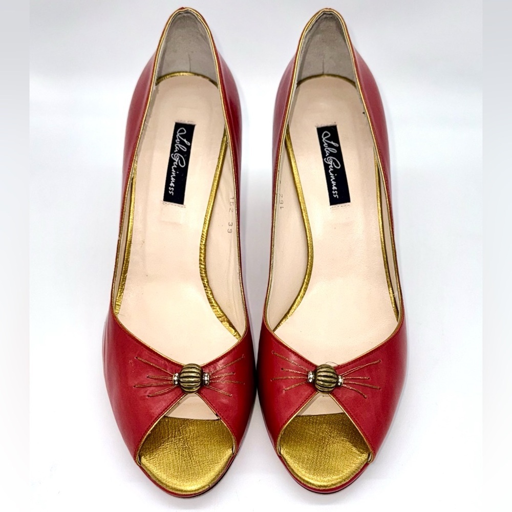 LULU GUINNESS Red Leather 3” Heels Old Style Diamond Accents Size: 39/ US:8